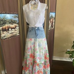 Womens Upcycle Jean maxi skirt, brand Nine West and white sheer button blouse